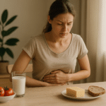 Frau mit Bauchschmerzen beim Essen – Symbolbild Nahrungsmittelunverträglichkeit
