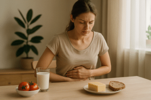 Frau mit Bauchschmerzen beim Essen – Symbolbild Nahrungsmittelunverträglichkeit